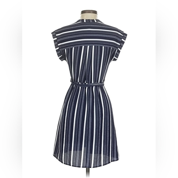 *NWOT* Monteau LA Women's Medium Blue & Black Striped Midi Dress Tie Waist - Picture 2 of 16